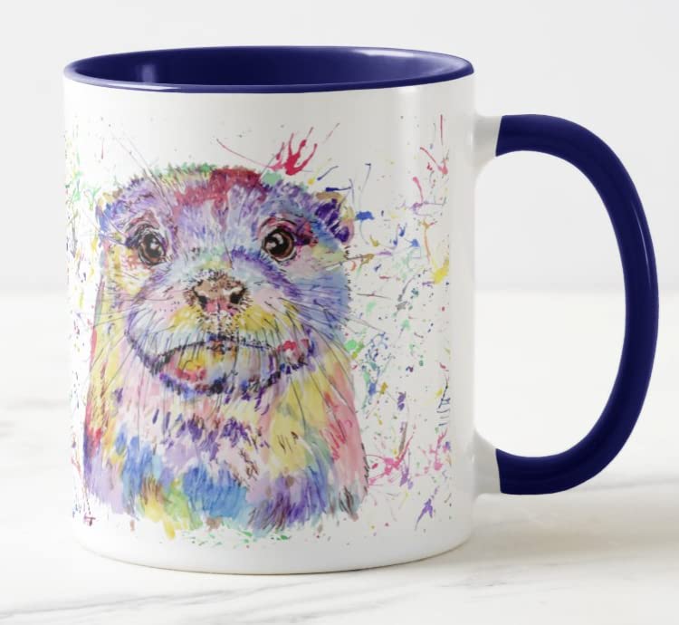 Vixar Otter British Wildlife Watercolour Art Coloured Mug Cup Gift Birthday Work Office Christmas Tea Coffee (Navy)