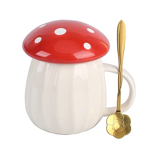 Mushroom Mug, Cute Coffee Mug with Lid and Flower Spoon, Kawaii Mushroom Tea Cup, 250ml/8oz Funny Mushroom Cup for Milk, Gift for women, Girl,Christmas, Birthdays (Red)