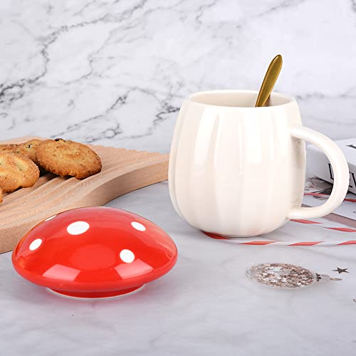 Mushroom Mug, Cute Coffee Mug with Lid and Flower Spoon, Kawaii Mushroom Tea Cup, 250ml/8oz Funny Mushroom Cup for Milk, Gift for women, Girl,Christmas, Birthdays (Red)