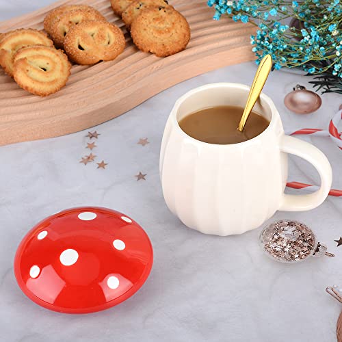 Mushroom Mug, Cute Coffee Mug with Lid and Flower Spoon, Kawaii Mushroom Tea Cup, 250ml/8oz Funny Mushroom Cup for Milk, Gift for women, Girl,Christmas, Birthdays (Red)