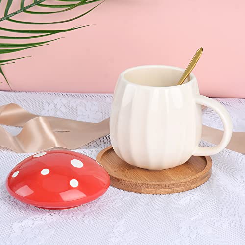 Mushroom Mug, Cute Coffee Mug with Lid and Flower Spoon, Kawaii Mushroom Tea Cup, 250ml/8oz Funny Mushroom Cup for Milk, Gift for women, Girl,Christmas, Birthdays (Red)
