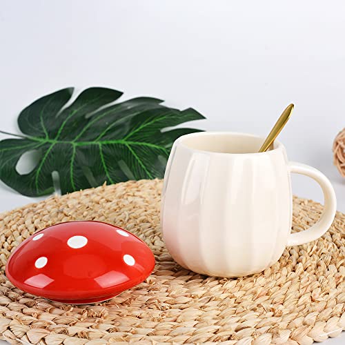 Mushroom Mug, Cute Coffee Mug with Lid and Flower Spoon, Kawaii Mushroom Tea Cup, 250ml/8oz Funny Mushroom Cup for Milk, Gift for women, Girl,Christmas, Birthdays (Red)