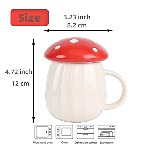 Mushroom Mug, Cute Coffee Mug with Lid and Flower Spoon, Kawaii Mushroom Tea Cup, 250ml/8oz Funny Mushroom Cup for Milk, Gift for women, Girl,Christmas, Birthdays (Red)