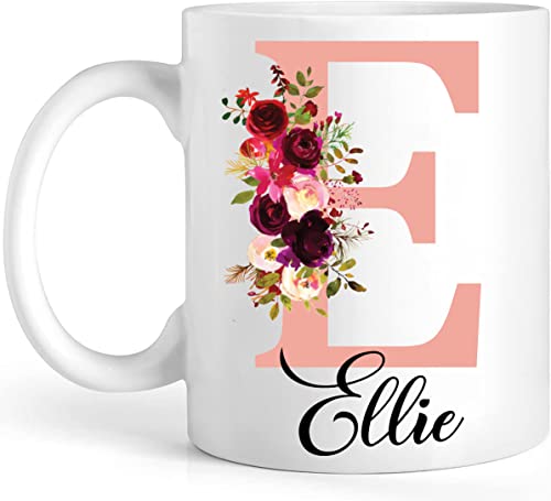 EKAM Personalised Floral Mug Stylish Initial with Name, Customised Gift for Valentine’s Day, Birthday, Christmas Day for Mom, Dad, Kids, Friends or Girls, 11oz Ceramic Coffee/Tea Cup (Rose Gold)