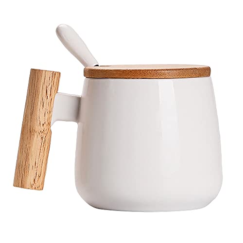 MonLiya Ceramic Coffee Mug Coffee Tea Cup Milk Cup with Lid and Spoon, Drinking Cups for Men, Women, Thanksgiving, Christmas, Birthday (White)