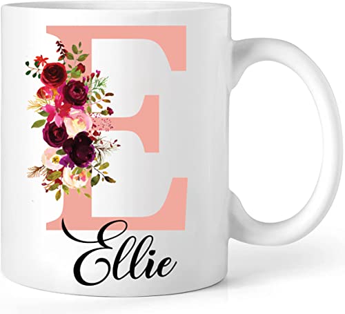 EKAM Personalised Floral Mug Stylish Initial with Name, Customised Gift for Valentine’s Day, Birthday, Christmas Day for Mom, Dad, Kids, Friends or Girls, 11oz Ceramic Coffee/Tea Cup (Rose Gold)