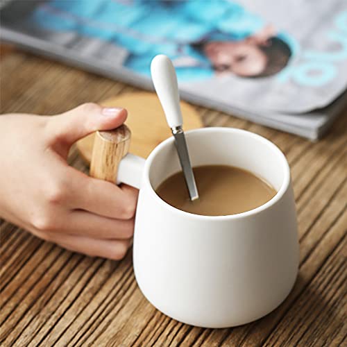 MonLiya Ceramic Coffee Mug Coffee Tea Cup Milk Cup with Lid and Spoon, Drinking Cups for Men, Women, Thanksgiving, Christmas, Birthday (White)