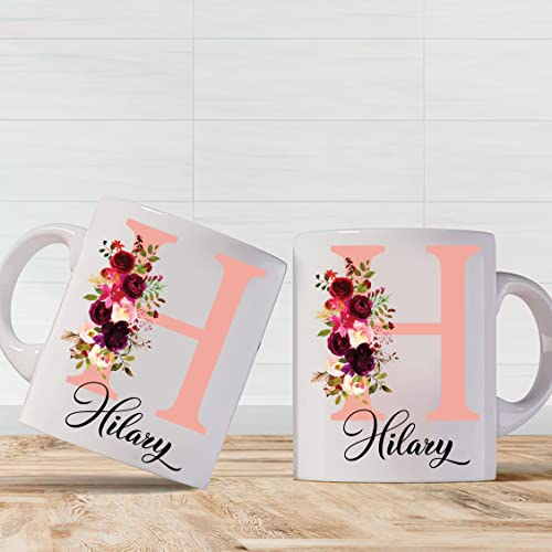 EKAM Personalised Floral Mug Stylish Initial with Name, Customised Gift for Valentine’s Day, Birthday, Christmas Day for Mom, Dad, Kids, Friends or Girls, 11oz Ceramic Coffee/Tea Cup (Rose Gold)