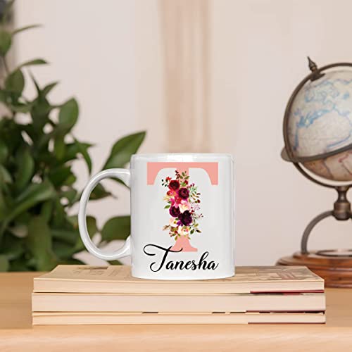 EKAM Personalised Floral Mug Stylish Initial with Name, Customised Gift for Valentine’s Day, Birthday, Christmas Day for Mom, Dad, Kids, Friends or Girls, 11oz Ceramic Coffee/Tea Cup (Rose Gold)