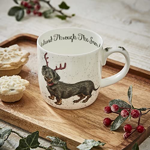 Portmeirion Home & Gifts MMOC5629-XS Dachshund Snow Mug, Bone China, Multi-Colour, 8.5 x 12 x 8 cm
