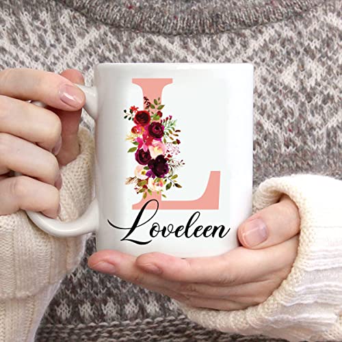 EKAM Personalised Floral Mug Stylish Initial with Name, Customised Gift for Valentine’s Day, Birthday, Christmas Day for Mom, Dad, Kids, Friends or Girls, 11oz Ceramic Coffee/Tea Cup (Rose Gold)