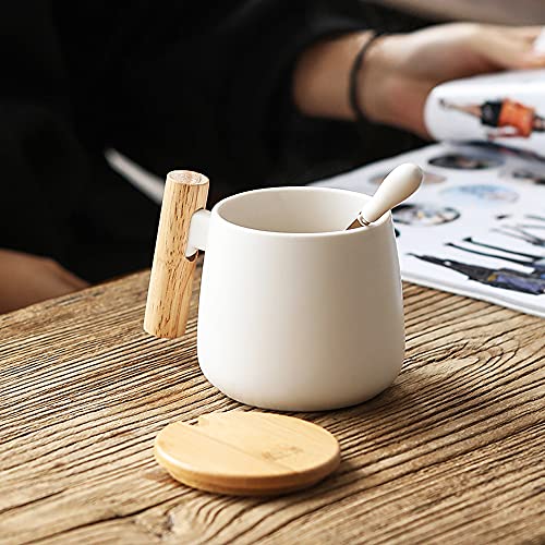 MonLiya Ceramic Coffee Mug Coffee Tea Cup Milk Cup with Lid and Spoon, Drinking Cups for Men, Women, Thanksgiving, Christmas, Birthday (White)