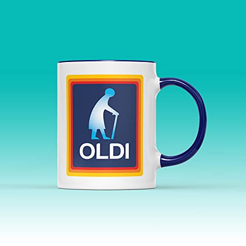 Oldi Woman Mug- Birthdays Christmas Funny Gift Presents Mother's Day Celebration Novelty Coffee Tea Heavy Duty Handle Dino Coated Dishwasher/Microwave Safe Sublimation Ceramic (Colbalt Handle Prime)