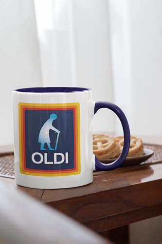 Oldi Woman Mug- Birthdays Christmas Funny Gift Presents Mother's Day Celebration Novelty Coffee Tea Heavy Duty Handle Dino Coated Dishwasher/Microwave Safe Sublimation Ceramic (Colbalt Handle Prime)