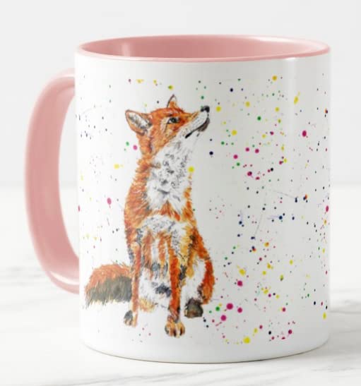Vixar Fox British Wildlife Hand Painted Design Watercolour Art Coloured Mug Cup Gift Birthday Work Office Christmas Tea Coffee (Pink)