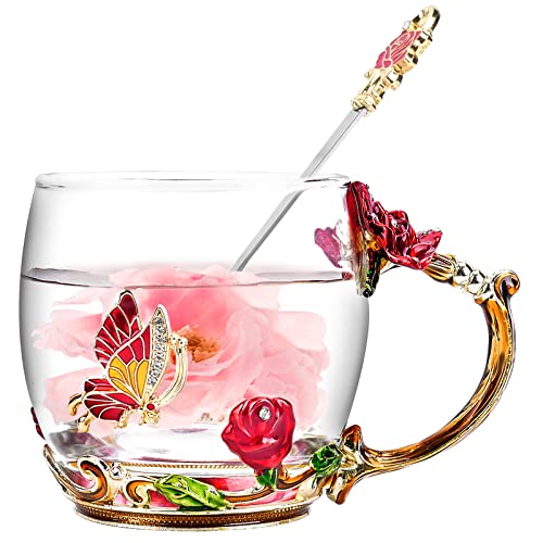 OEAGO Christmas Gifts for Women, Tea Cups Mum Christmas Gifts Butterfly Flower Enamel Mug Gifts for Mum Glass Mugs with Spoon Birthday Gifts for Women Her Wife on Valentines Mothers Day Anniversary