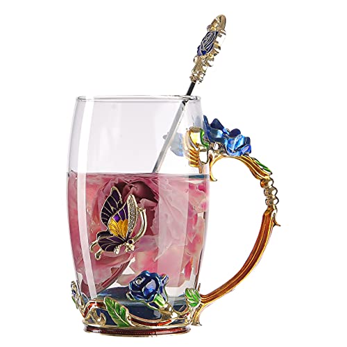 HUISHENG Enamels Butterfly Flower Tea Cup Sets, Glass Coffee Mugs, Valentines Christmas Birthday Graduation, Women Wife Her Mum Grandma Teacher Friend Present