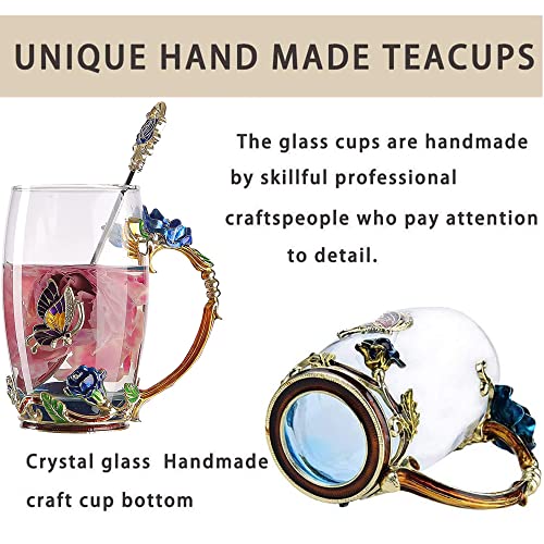 HUISHENG Enamels Butterfly Flower Tea Cup Sets, Glass Coffee Mugs, Valentines Christmas Birthday Graduation, Women Wife Her Mum Grandma Teacher Friend Present