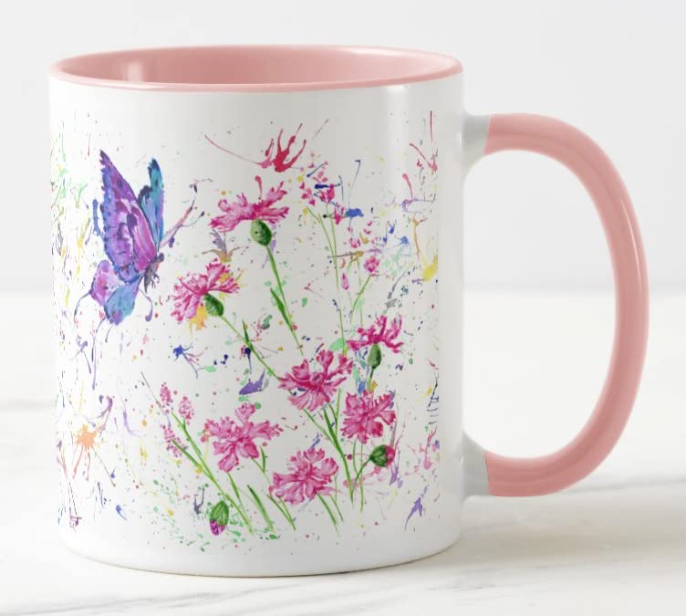 Vixar Flower Butterfly Watercolour Art Coloured Mug Cup Gift Birthday Work Office Christmas Tea Coffee (Pink)