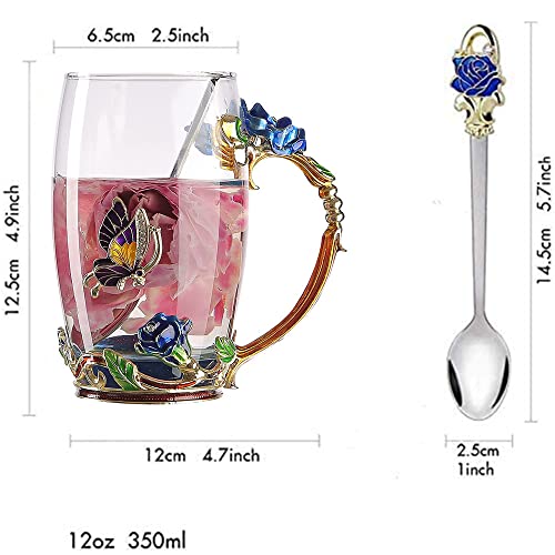 HUISHENG Enamels Butterfly Flower Tea Cup Sets, Glass Coffee Mugs, Valentines Christmas Birthday Graduation, Women Wife Her Mum Grandma Teacher Friend Present