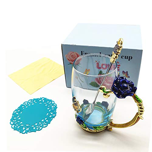 HUISHENG Enamels Butterfly Flower Tea Cup Sets, Glass Coffee Mugs, Valentines Christmas Birthday Graduation, Women Wife Her Mum Grandma Teacher Friend Present