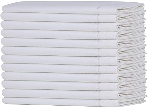 Sweet Needle Linen Cotton Cloth Napkins Set of 12 with Hemstitch White colour -50x50 cm, Finest Blend of European Flax with Organic Cotton is Ideal for Kitchen decor, Christmas, Bar and Restaurants