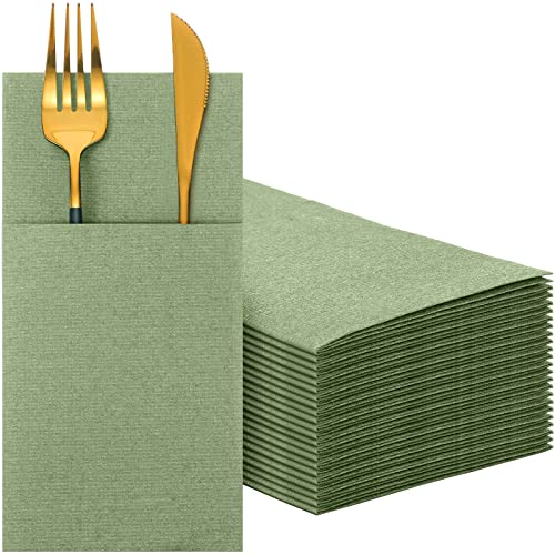 Linen Feel Napkins, Disposable Airlaid Paper Napkins Prefolded Dinner Napkins with Built in Flatware Pocket for Silverware Valentine Wedding Party Christmas Day (Light Green, 75 Pieces)