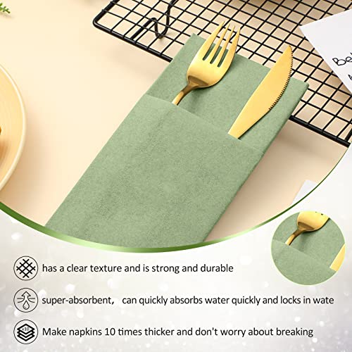 Linen Feel Napkins, Disposable Airlaid Paper Napkins Prefolded Dinner Napkins with Built in Flatware Pocket for Silverware Valentine Wedding Party Christmas Day (Light Green, 75 Pieces)