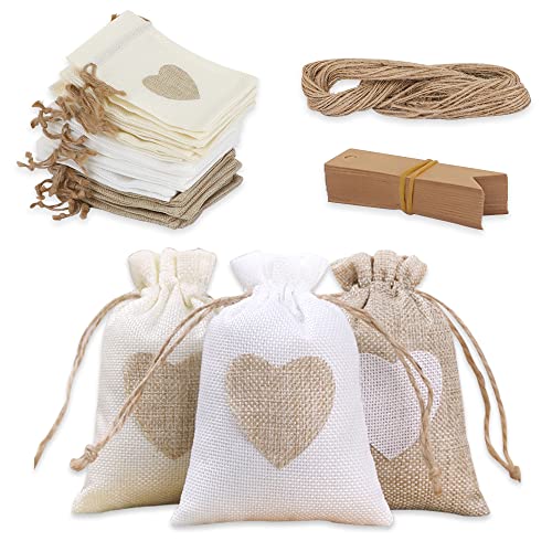 HMIEPRS 30 Pcs Burlap Bags, Linen Drawstring Bags with Gift Tags, Heart Hessian Bags, Jute Cloth Favour Pouches for Wedding Fabric Christmas Party Birthday DIY Craft (White Beige Grey)