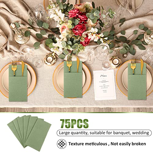 Linen Feel Napkins, Disposable Airlaid Paper Napkins Prefolded Dinner Napkins with Built in Flatware Pocket for Silverware Valentine Wedding Party Christmas Day (Light Green, 75 Pieces)