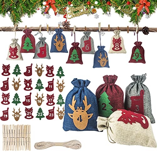 SANZHENG 24-Piece Christmas Advent Calendar, 24-Day Countdown DIY Christmas Linen Gift Bag, Christmas Party, Home Office Wall Hanging Decorations