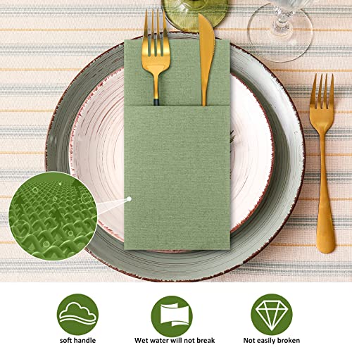 Linen Feel Napkins, Disposable Airlaid Paper Napkins Prefolded Dinner Napkins with Built in Flatware Pocket for Silverware Valentine Wedding Party Christmas Day (Light Green, 75 Pieces)