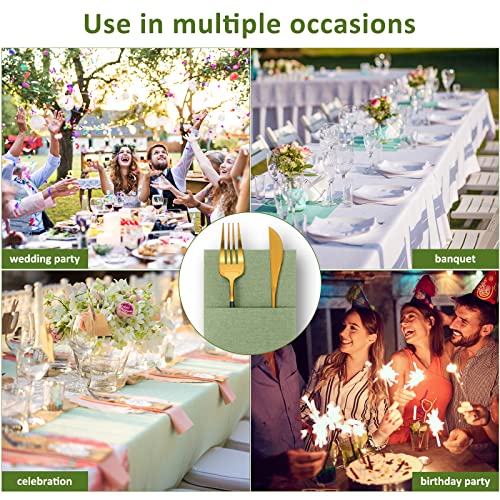 Linen Feel Napkins, Disposable Airlaid Paper Napkins Prefolded Dinner Napkins with Built in Flatware Pocket for Silverware Valentine Wedding Party Christmas Day (Light Green, 75 Pieces)
