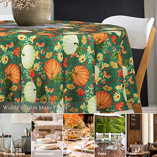 WELTRXE Round Tablecloth, 150cm Diameter, Faux Linen Digital Printing Table Cloth,Water Resistant Wipeable Polyester Table Cover,Christmas Thanksgiving Festive Outdoor Dining Decor,Pumpkin