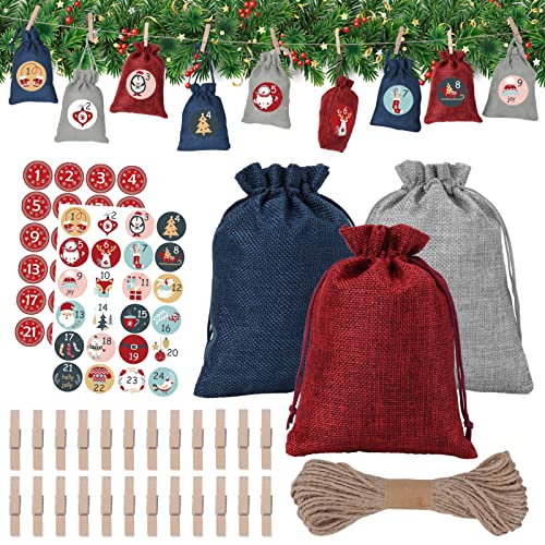 LinTimes 24 Christmas Countdown Bags Advent Calendar, 3 Colors Burlap Bags with 2 Sheets 1-24 Numbers Stickers Reusable Fabric Gift Bags for Filling for DIY Christmas Decorations (Grey/Red/Blue)
