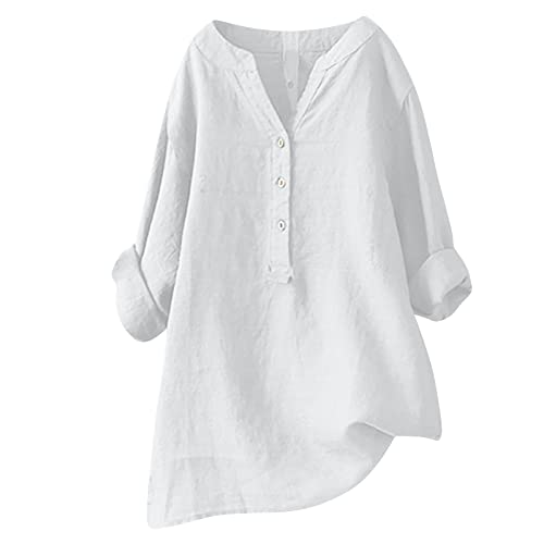 AMhomely Summer Tops for Women UK Plus Size Roll Long Sleeve Button Down Shirts V Neck Loose Casual Cotton Linen T-Shirts Summer Shirts Blouse Oversized Tees Tops Ladies Henley T-Shirt