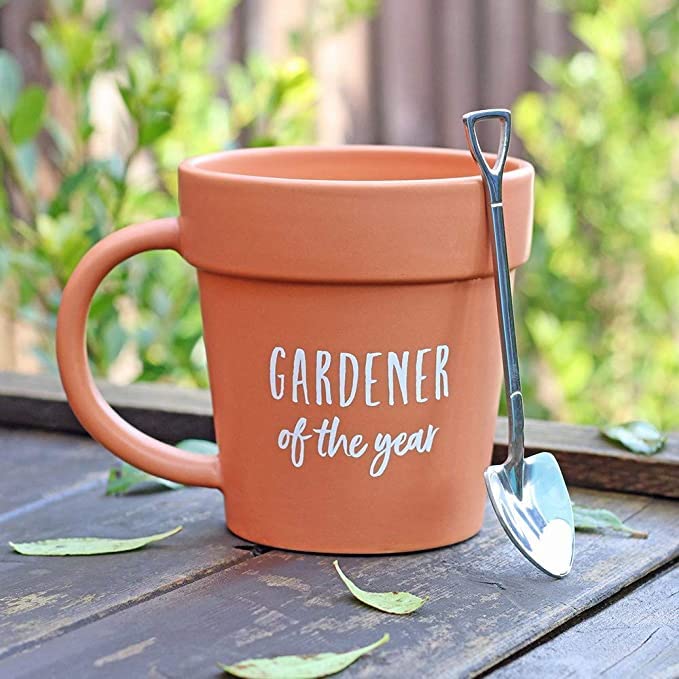Plant Pot Gardener Mug, Coffee Mug with Shovel Spoon for Birthdays, Fathers Day, Mothers Day, Halloween, Christmas Gift