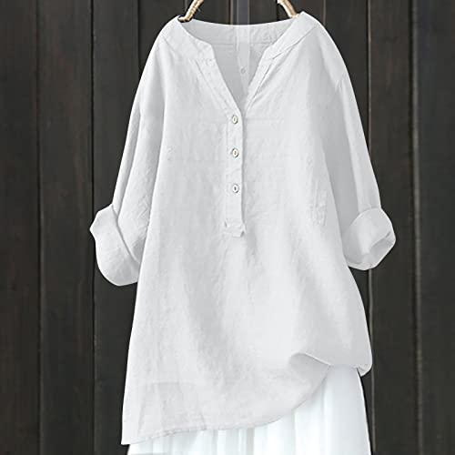 AMhomely Summer Tops for Women UK Plus Size Roll Long Sleeve Button Down Shirts V Neck Loose Casual Cotton Linen T-Shirts Summer Shirts Blouse Oversized Tees Tops Ladies Henley T-Shirt