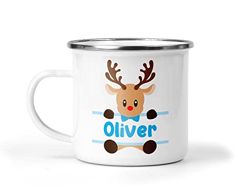 Personalised Christmas Mug with Reindeer & Name, Custom Festive Xmas Cup, Hot Chocolate Enamel Mug, Christmas Eve Box Fillers, Gifts For Kids