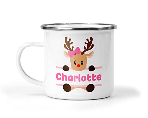 Personalised Christmas Mug with Reindeer & Name, Custom Festive Xmas Cup, Hot Chocolate Enamel Mug, Christmas Eve Box Fillers, Gifts For Kids