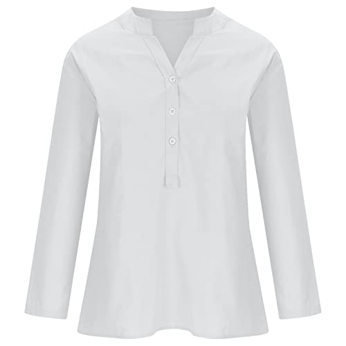 AMhomely Summer Tops for Women UK Plus Size Roll Long Sleeve Button Down Shirts V Neck Loose Casual Cotton Linen T-Shirts Summer Shirts Blouse Oversized Tees Tops Ladies Henley T-Shirt