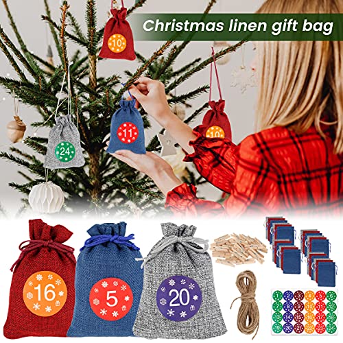 24 Christmas Advent Calendar Bag, Christmas Countdown Calendar Fabric Bag, DIY Advent Calendar Kit with drawstring stickers clips, Make Your Own Advent Calendars For Christmas Decorations