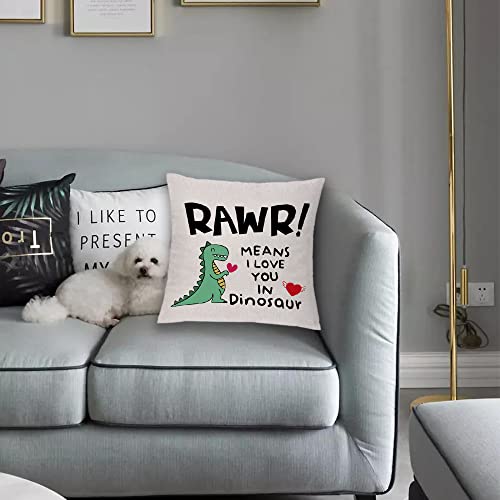GHORIHUB Funny Couples Cushion Case Linen Throw Pillow Cover Rawr Means I Love You in Dinosaur to Wife Husband Hug Pillowcases Valentines Day Wedding Anniversary Christmas