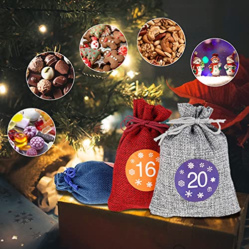 24 Christmas Advent Calendar Bag, Christmas Countdown Calendar Fabric Bag, DIY Advent Calendar Kit with drawstring stickers clips, Make Your Own Advent Calendars For Christmas Decorations