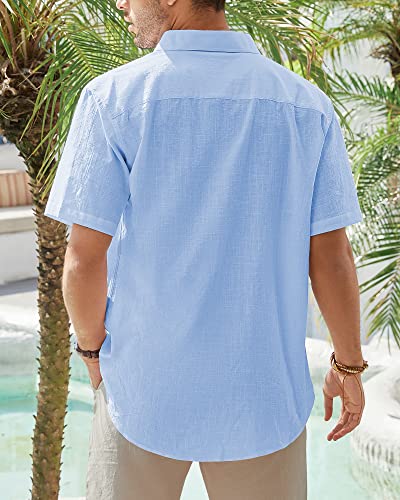 J.VER Men's Blue Short Sleeve Linen Shirt Regular Fit Lightweight Casual Cotton Summer Beach Shirt with Pocket M