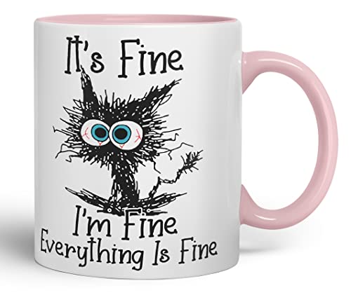 Vixar Its Fine I'm Fine Everything is fine Cat Joke Coloured Mug Cup Gift Birthday Work Office Christmas Tea Coffee (Pink)
