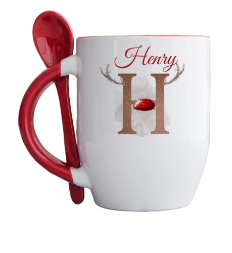 Personalised Red Handle Tradional Reindeer Initial Mug with spoon, Christmas Alphabet with Antlers and red nose hot chocolate, Cute Xmas mug