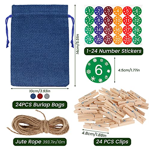 24 Christmas Advent Calendar Bag, Christmas Countdown Calendar Fabric Bag, DIY Advent Calendar Kit with drawstring stickers clips, Make Your Own Advent Calendars For Christmas Decorations