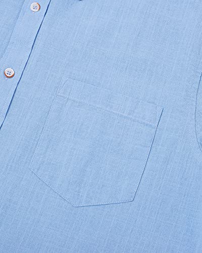 J.VER Men's Blue Short Sleeve Linen Shirt Regular Fit Lightweight Casual Cotton Summer Beach Shirt with Pocket M