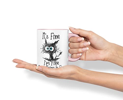 Vixar Its Fine I'm Fine Everything is fine Cat Joke Coloured Mug Cup Gift Birthday Work Office Christmas Tea Coffee (Pink)